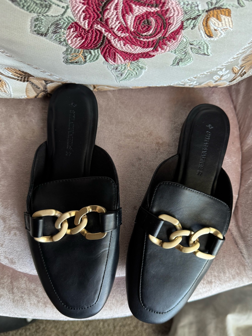stradivarius Black Leather Slip-On Mules with Gold Chain